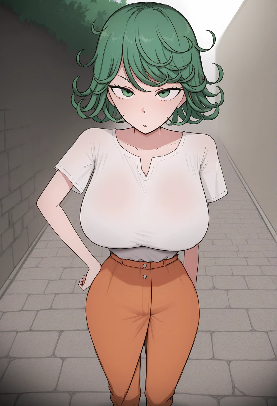 a beautiful sexy woman big breast beauty pink skin short pink hair tousled her black eye yellow pupil wears a white button-down shirt and a short dark green skirt pair of long white socks black shoe oral sex