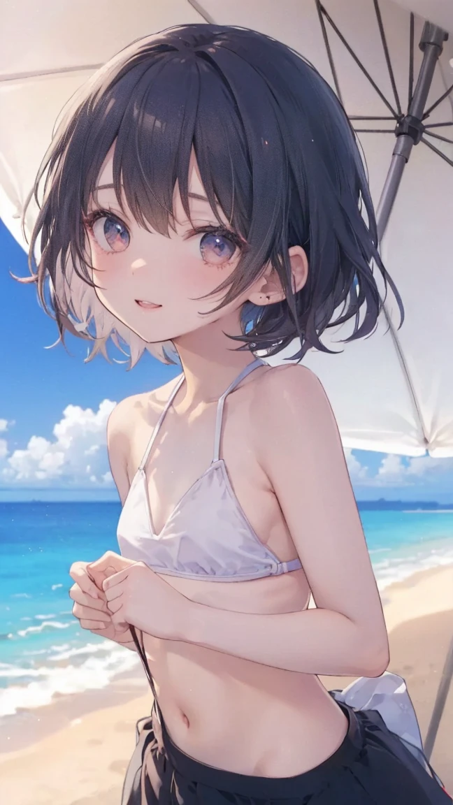 masterpiece, Highest quality, High resolution, Very detailed,(((Nishino Flower))), (((White underwear))), (((smile))), Bare legs, Beach, Panty shot, My belly is visible。