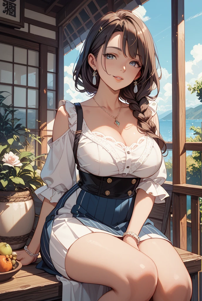 (highest quality,masterpiece:1.3,ultra high resolution),(Super detailed,caustics,8k),(realistic:1.4,RAW shooting),18-year-old,cute,Super beautiful,Japanese woman sitting on the terrace of a cafe, long curly hair, turn around, off shoulder, big round eyes, sunlight, With bangs, brown eyes, Narrow forehead, , smile, long skirt,big breasts,