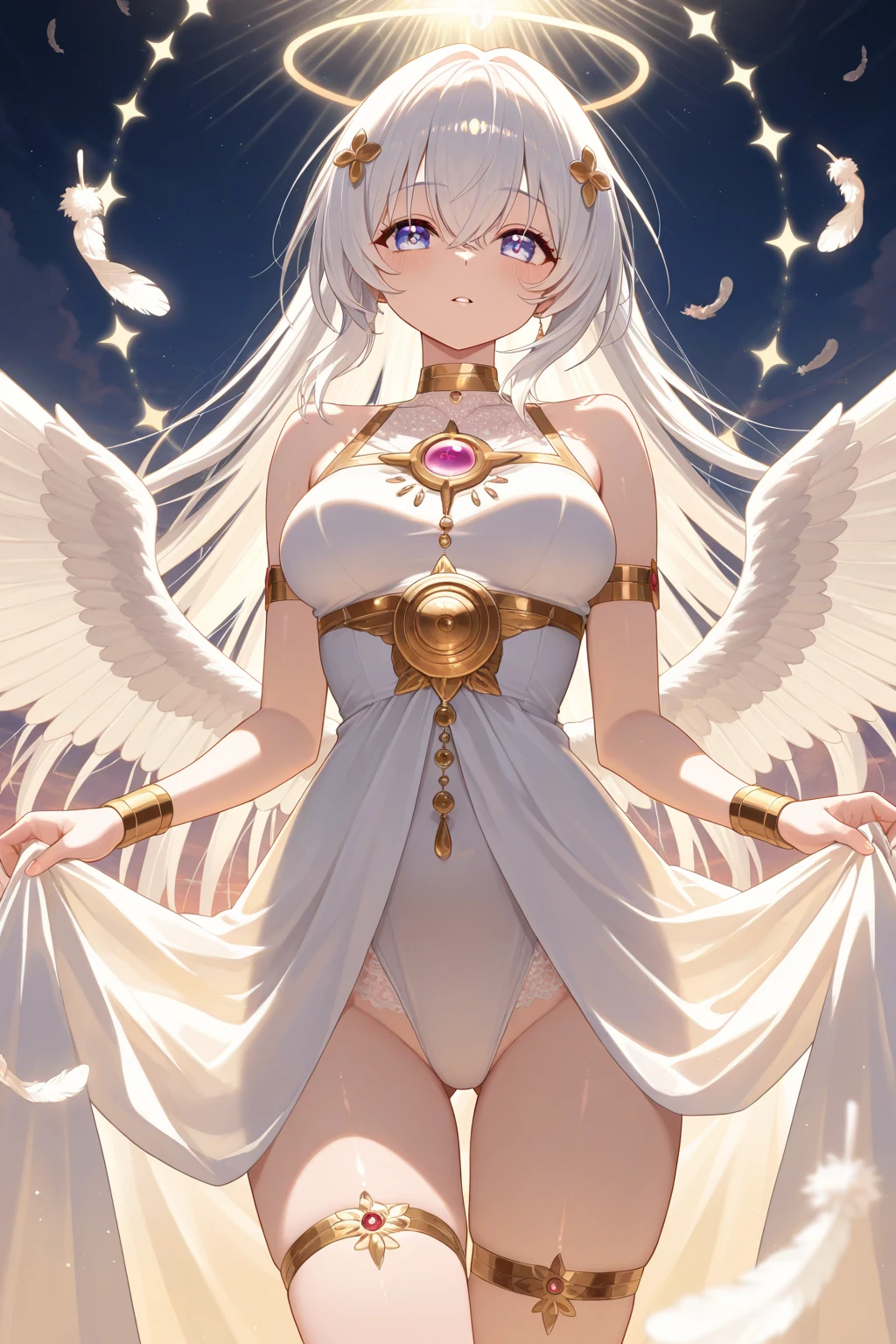 NSFW,masterpiece,Highest quality,High resolution,Very detailed,Girl,Silver Hair,long hair,Golden Eyes,Small breasts,Short height,Angel,wing,A dazzling silk long dress,gem,Decoration,Temple of the Night,altar,Your sleeping quarters,Starry Sky,Ancient,Bad Smile,Seduce,Sexy pose