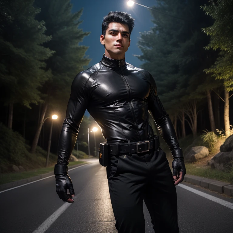 Age 33, One Man,、 black bodysuit 、Shocker Belt、 black gloves 、 carrying a pistol on his waist、Curb of a forest road at night、black hair、short hair。 とてもshort hair 、  handsome fighter 　well-groomed faces of Arabians　 legs open 、sit、view from below。 Upper Body Lift　Black  pants　