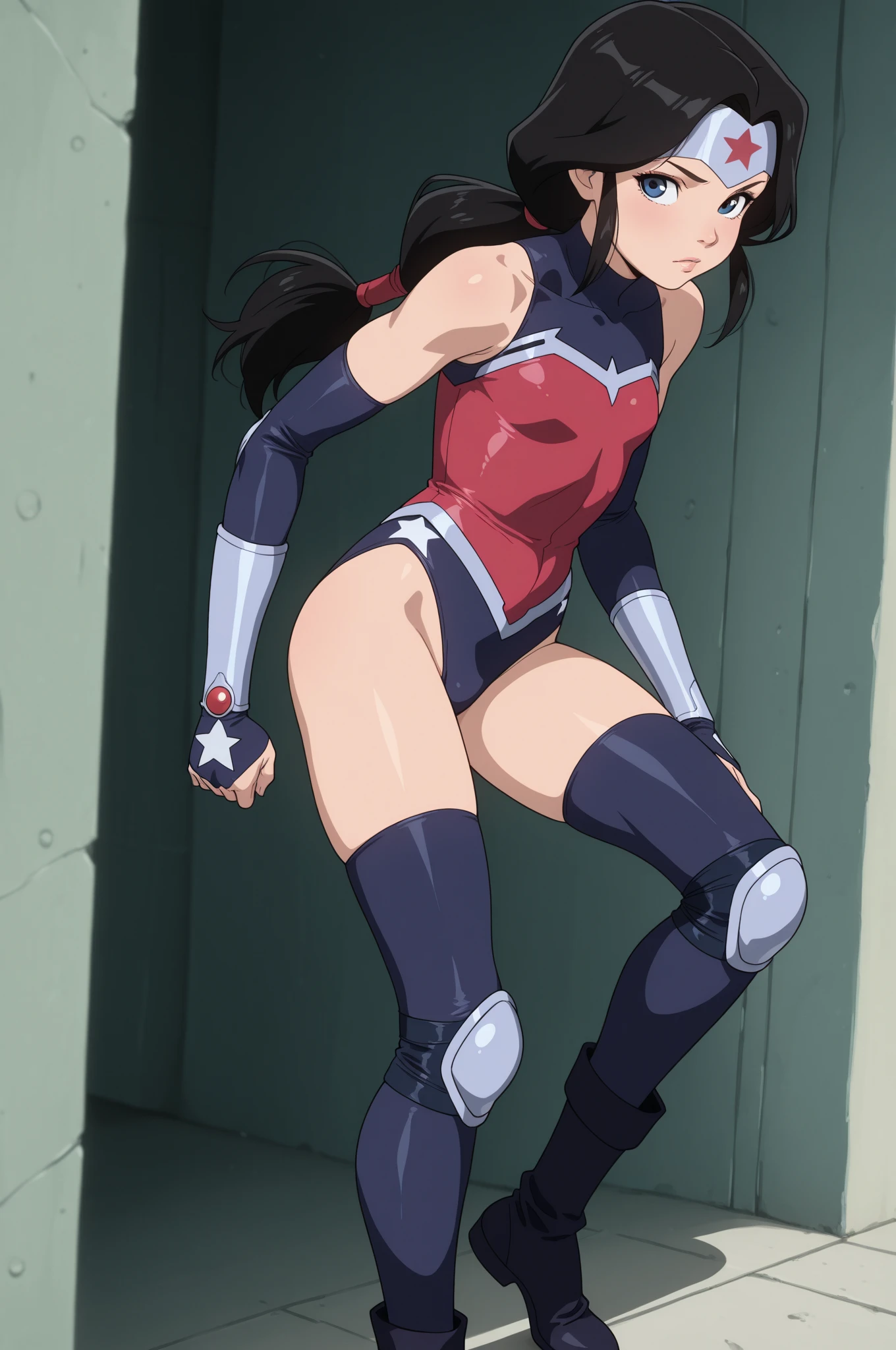 masterpiece, best quality, highres, 1girl, solo, superhero, leotard, blue and white leotard, bare legs, brown hair, short hair, brown eyes, hairband, medium hair, ribbon, boots, matching boots, blue boots, medium breasts, cowboy shot, standing, smile, sky backdrop, haruhi suzumiya, kyoani haruhi style, sleeveless, flying, flying pose. looking at viewer,