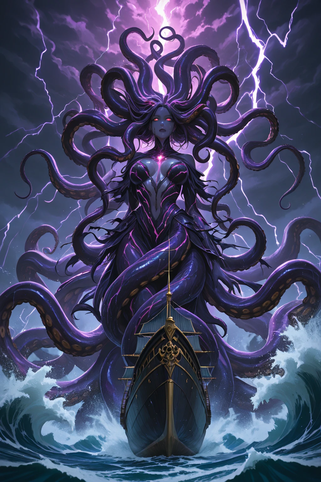 Realistic, (Masterpiece, Top Quality, Best Quality, Official Art, Beautiful and Aesthetic: 1.2), Very Detailed, a Gorgon Medusa with a menacing gaze, her hair writhing with serpents, her eyes glowing with a sinister light.