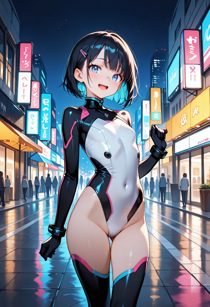 ((Sci-fi plug suit with realistic neon lightetal mechanical parts)),, skinny, solo, 1 woman, Masterpiece, highest quality, highest quality, 16K, incredibly absurd, highly detailed, 2.5D, ai-generated, delicate and dynamic, very delicate facial expressions, delicate eye depiction, erotic, only sexy woman, ((A cute and kind face)), healthy figure, ((25-year-old woman)), 160cm tall, medium firm swaying bust, black eye, blush, Sweat,Embarrassed,sexy, ((thin thighs)), shiny and lustrous, Dynamic poses, sexy poses, (A bright sci-fi background, set in a futuristic city), (camel toe:0.5), (Erect nipples,:0.5), sit,