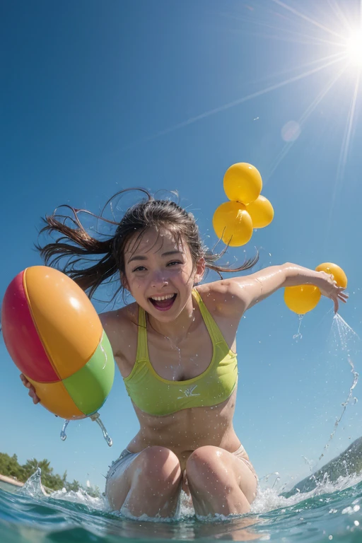 Super sexy and super cute Japan girl、Watermelon print bikini、(((A girl jumping into a clear stream)))、smile
