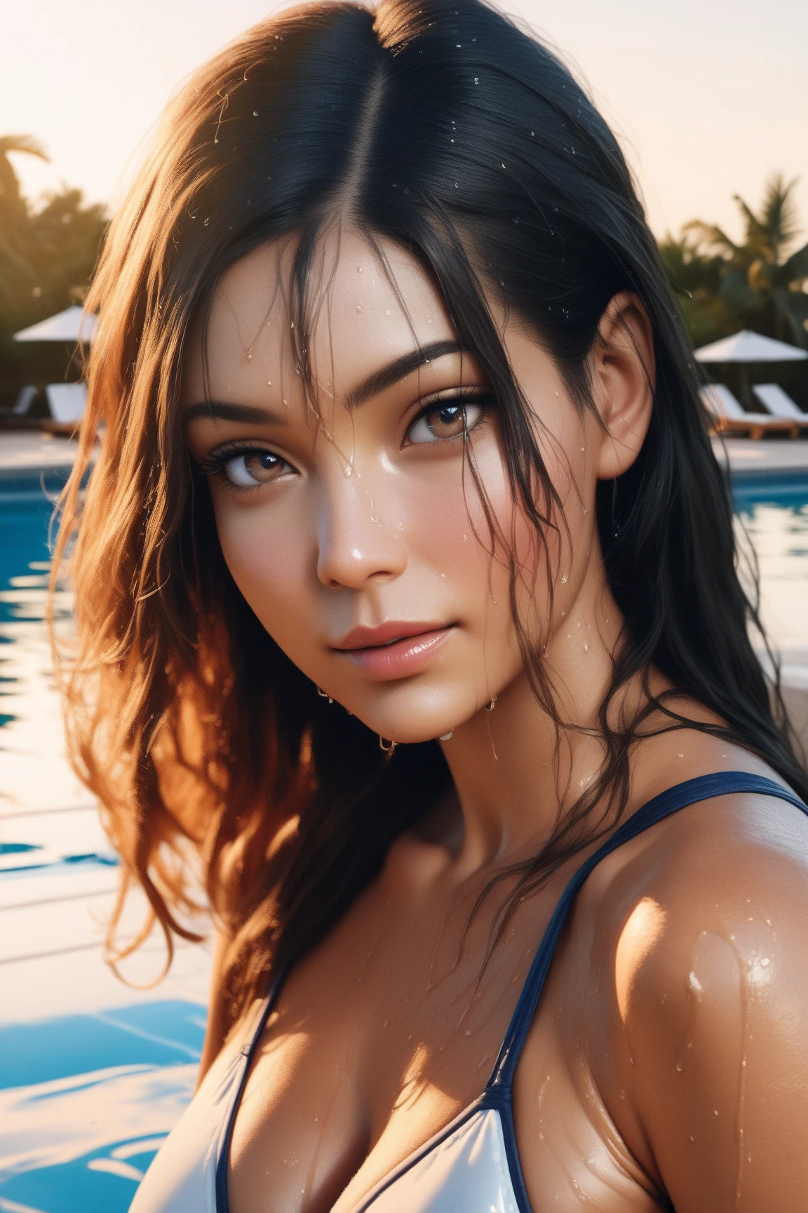 40 year old Lara Croft skinny dipping in the ocean, wet hair, wet body, sunset, DLSR, sharp focus, soft lighting, masterpiece, perfect face, ultra detailed face, perfect brown eyes, beautiful face, perfect anatomy
