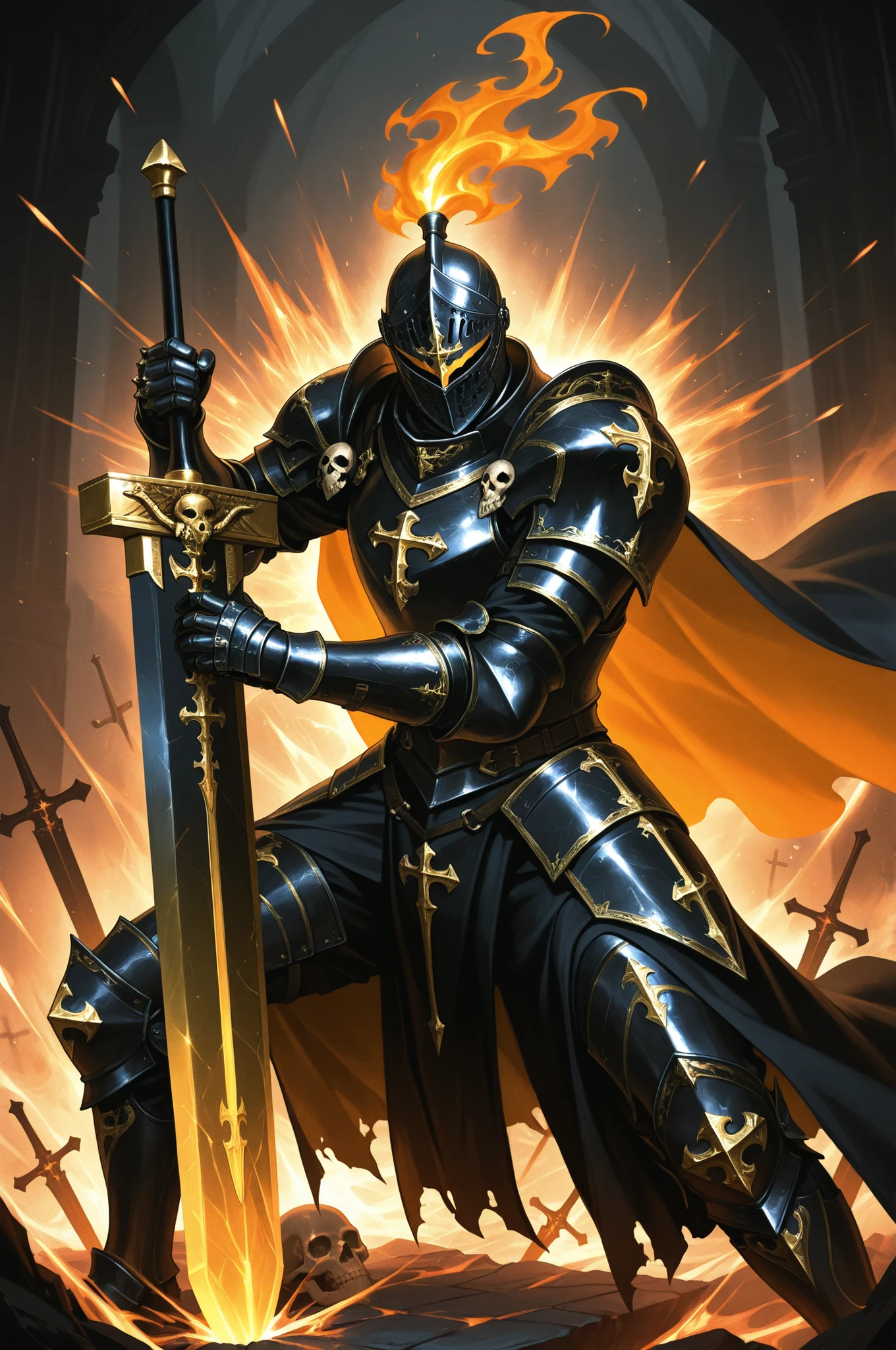 1boy, solo, knight, male_focus, dark fantasy, gothic theme,
heavily armored, intricate armor design, dark gray and black armor, gold accents, adorned with skulls and crosses, helmet with visor, shoulder armor, gauntlets, pauldrons, breastplate, cape,
holding weapon, fighting stance, holding buster sword, huge weapon masterpiece, ornate sword with golden hilt,
dynamic pose, standing, ultra-detailed, realistic, best quality, high quality,
chaotic background, dark and fiery hues, smoky atmosphere, bursts of yellow and orange, intense and dangerous mood,
color palette dominated by dark shades of gray, black, gold, occasional yellow and orange,
dark fantasy style, full armor, helm, skull motif