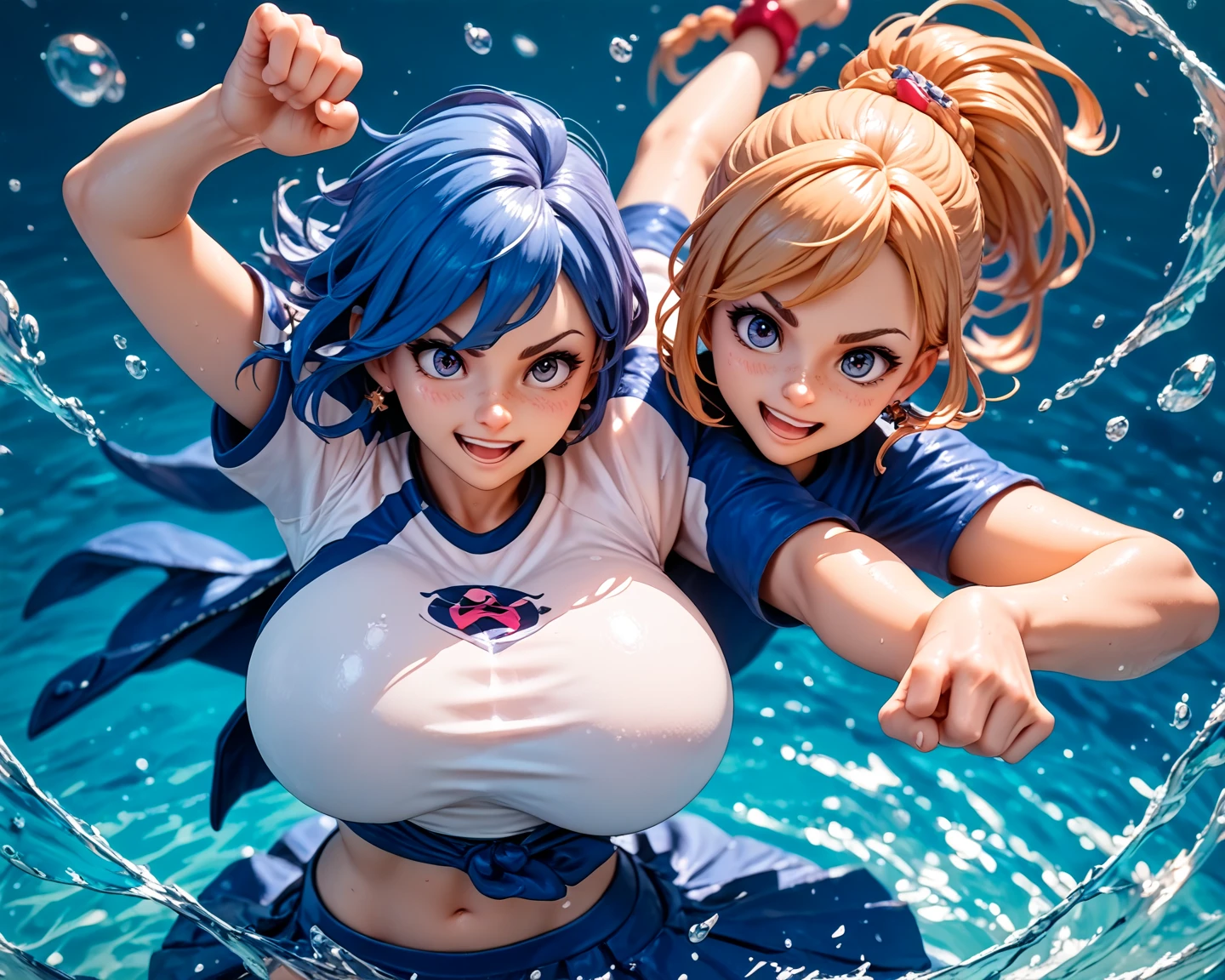 a woman in a bikini and a flower in her hair, breasts, blush, smile, large breasts, hair ornament, navel, twintails, blue hair, collarbone, swimsuit, pink hair, heart, multicolored hair, cowboy shot, earrings, outdoors, sky, choker, day, hair flower, grin, bracelet, two-tone hair, orange eyes, hand on hip, muscular, drill hair, piercing, abs, blue bikini, muscular female, navel piercing, orange flower