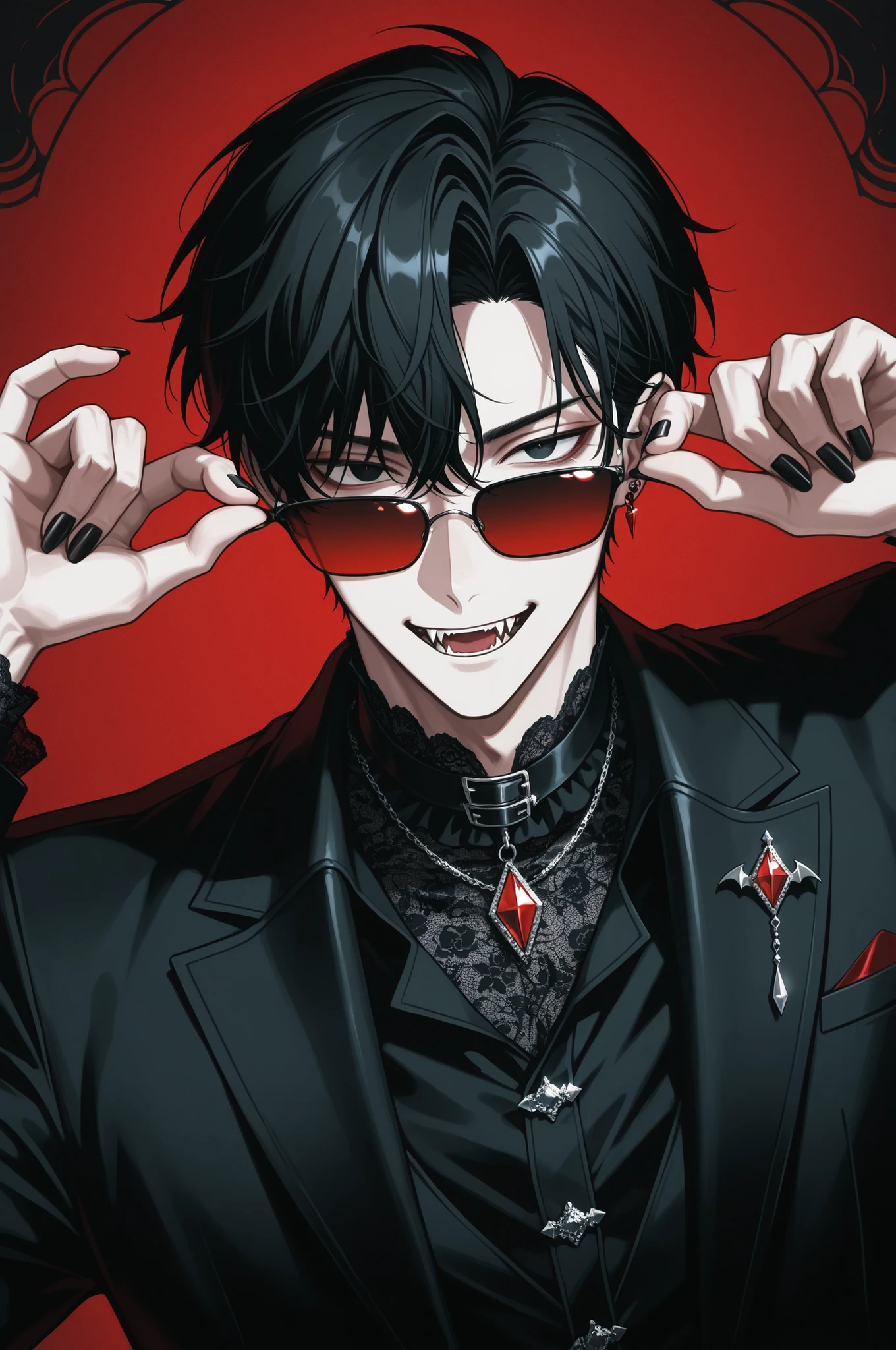 1boy, adult male, digital portrait of a fashionable anime male vampire with black hair, fangs, and goth clothing; his black eyes are hidden behind red sunglasses, his nails are long and clear, his accessories are ornate and detailed, dramatic, stylized with black and red color palette with detailed textures emulating digital illustration, ultra-detailed, intricate details,masterpiece, best quality, amazing quality, hyper-detailed, newest, very aesthetic
