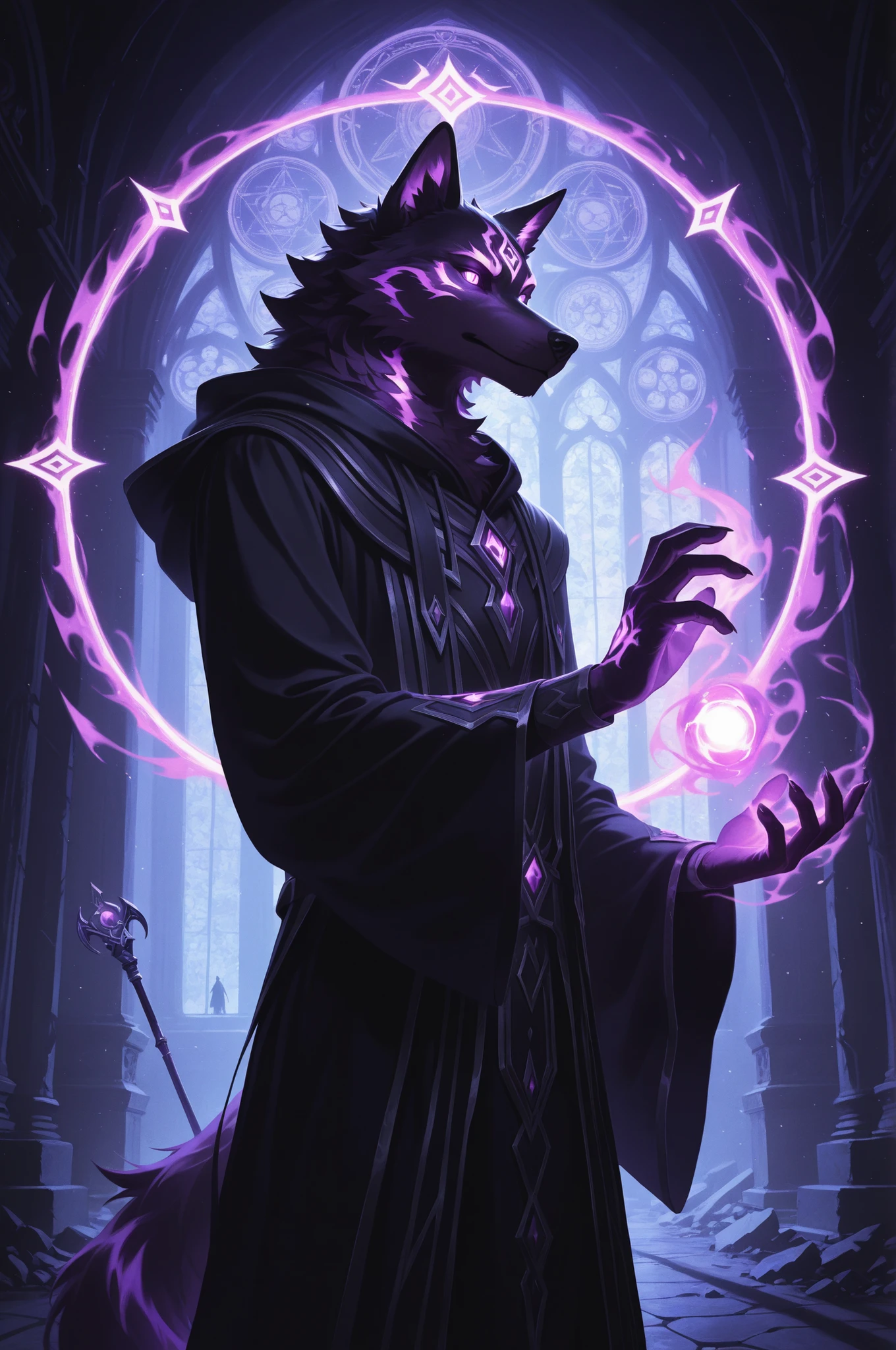 masterpiece, best_quality, amazing quality, newest, add detail, sharp focus, no lineart, 
photorealistic, gradation grading, color contrast, impressionism,  muted colors palette, surrealism.
focused subject, close up, portrait, 1boy, male, anthro, furry, wolf, purple fur, purple eyes,  dark magic, shadow magic, void magic, warcraft inspired, hooded robe, black robes, runic robes, ornate robes, long sleeves, high collar, shadow tendrils, dark energy, floating, casting a spell, summoning magic, cursed staff, demonic symbols, glowing sigils, aura of darkness, ominous lighting, magical circle, cathedral ruins, void background, corrupted halo, cursed markings, simple dark background, dynamic lighting, shadows, silhouette, (cowboy shot),
suspense and dark theme.
shoot from side, 
dynamic composition, dynamic angle.