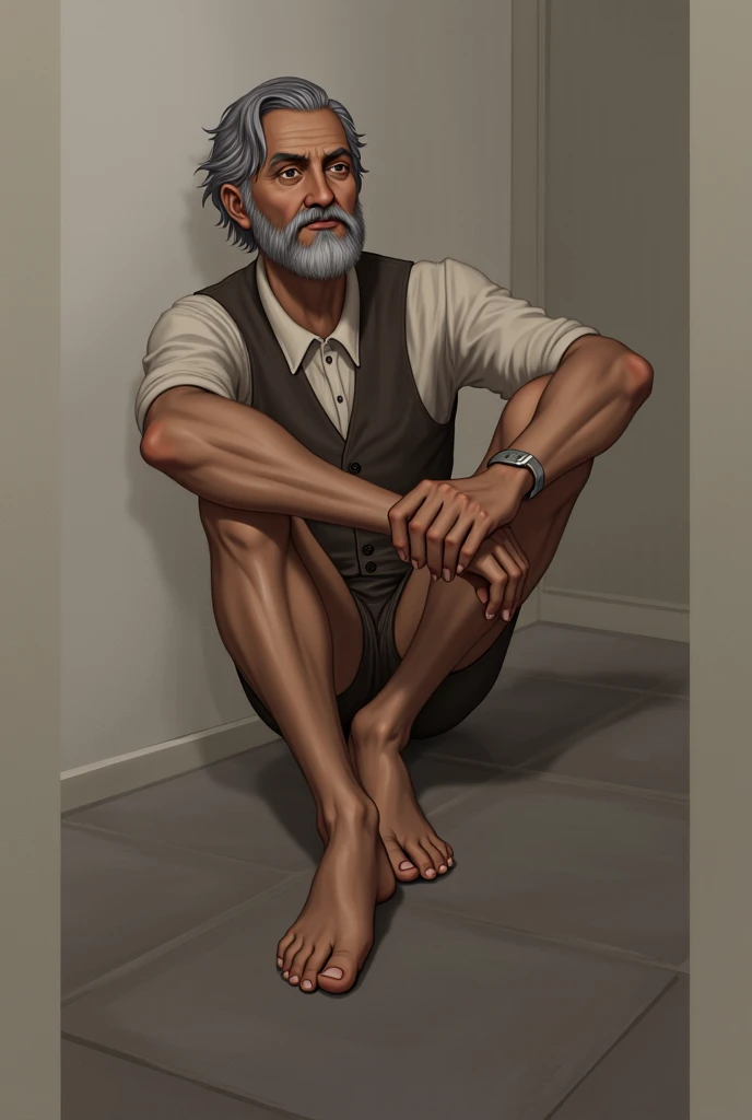 Create a 3D animation of a caricature with a big head. A man named "Benjamin Netanyahu" aged 60. Full body view, His hair is very thin, gray, and his legs are straight while sitting on a wooden floor. The position of the body and legs is tied, Rope wrapped around the neck and tied to a long pole, both hands are also tied, under the feet there is a large hole like a crater with a burning fire. His face is oval with fine facial wrinkles, thick and neat gray eyebrows, normal eyes, straight aquiline nose, and wide open lips. The facial expression is sad and scared, around the location are only sharp rocks. He is wearing a dull white torn shirt and white shorts. with hot and scorching sunlight. Masterpiece, best quality, very detailed skin and face, very realistic, high definition, studio lighting, sharp focus, 2/3 body angle, Face facing straight ahead. Concept Art, 3D rendering.
