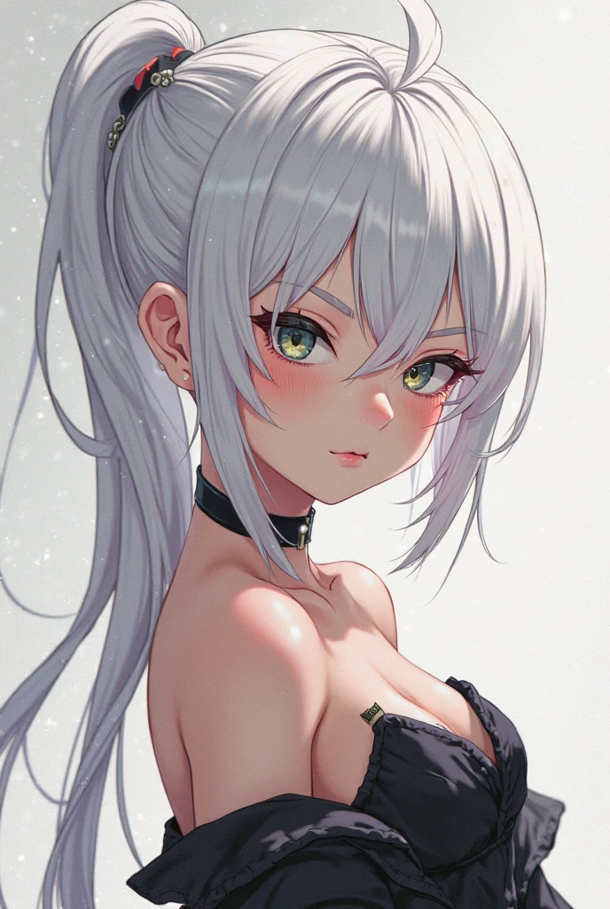mei mei, long hair, very long white hair, braid, hair over one eye, braided ponytail, ((front braided bangs covering one eye)), purple eyes, black metallic bikini, pinup style, sexy, submissive, minimalist, lonely, monochromatic black and white color palette, soft lighting, ((submissive)), large breasts, thin, ((solid black background)), ((looking at viewer)),