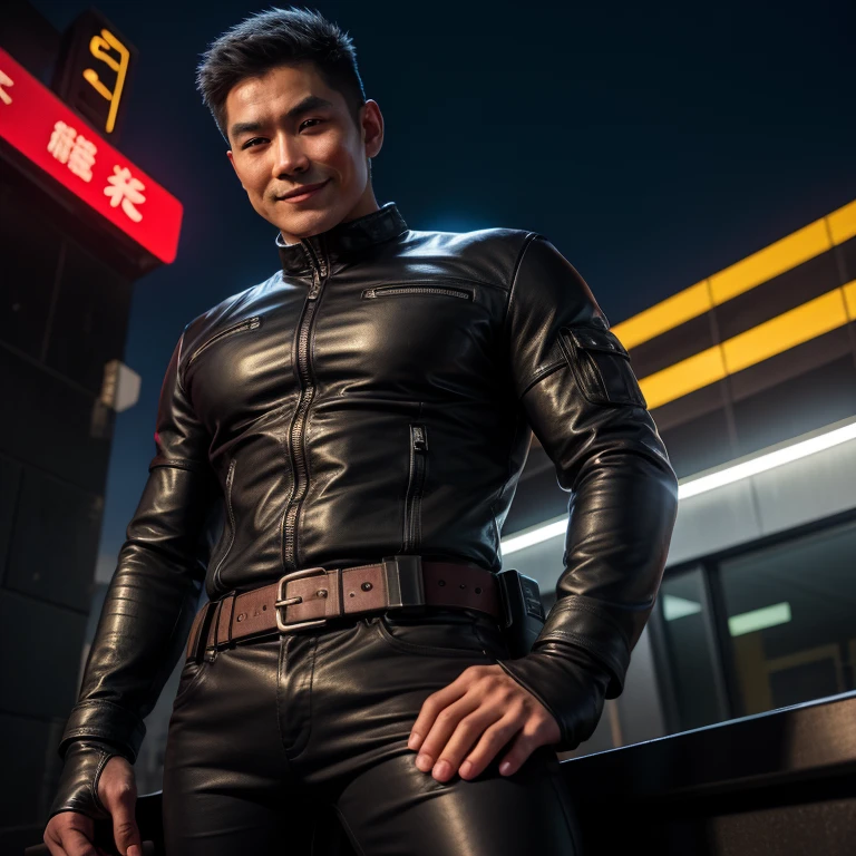 40 years old, One Man,、 black bodysuit 、Gunbelt、 black gloves 、 black leather pants、carrying a pistol on his waist、Motorway curb at night、black hair、short hair。 とてもshort hair 、  handsome fighter 　Asian man with well-groomed face　 Sit with your legs apart、view from below。 Upper Body Lift　Black  pants､Smile Yan