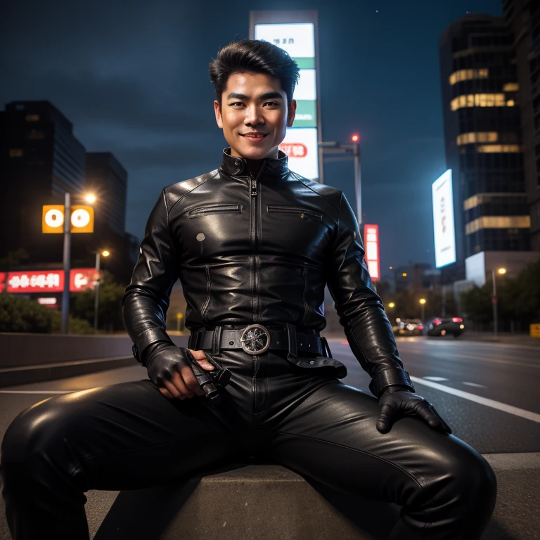 40 years old,One Man,Black bodysuit,Cliff in the mountains、Sit with your legs wide open、The crotch area is bulging、Hold a gun,logic,Gay ,Brown Hair、Short-haired all-back、Stubble,Asian Faces。Handsome、Combatant　Fighting spirit　Shocker Belt　Black boots　Black leather gloves　The crotch area is bulging。smile