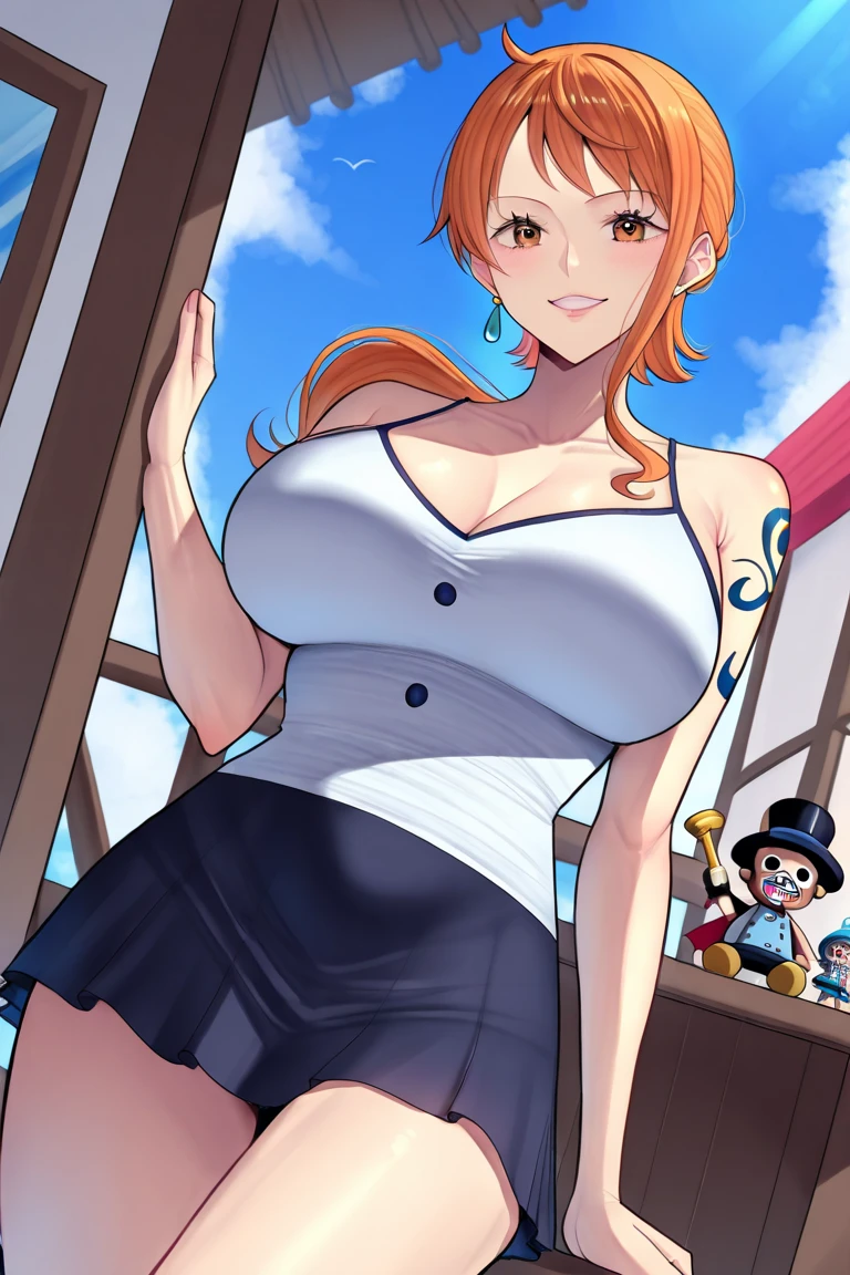 Nami ( One Piece ), big breasts, deep cleavage, purple dress slit on both sides showing her thick, standing before a One Piece anime ship, view from below, hands behind her back, Garter belt and stockings, bending forward