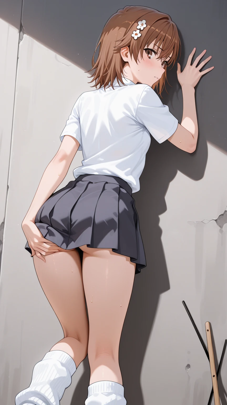 Japanese tomboy, , blue hair, small breasts, small ass, skirt down, massive dick.