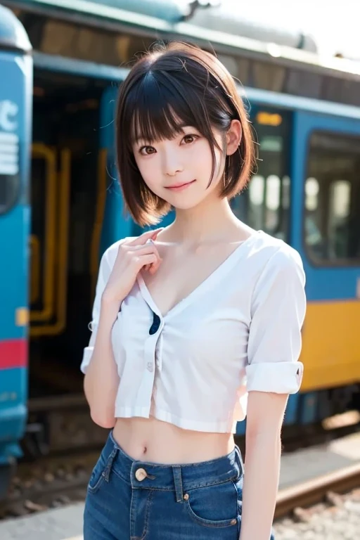 The skin is wet from sweat,leaning forward,Cleavage,Station platform,Wearing a shirt,smile、skirtリフト、skirtを手で上げる,woman, 20-year-old, Black short hair、bangs、(skirt),(Light blue lace panties)、Cute earrings