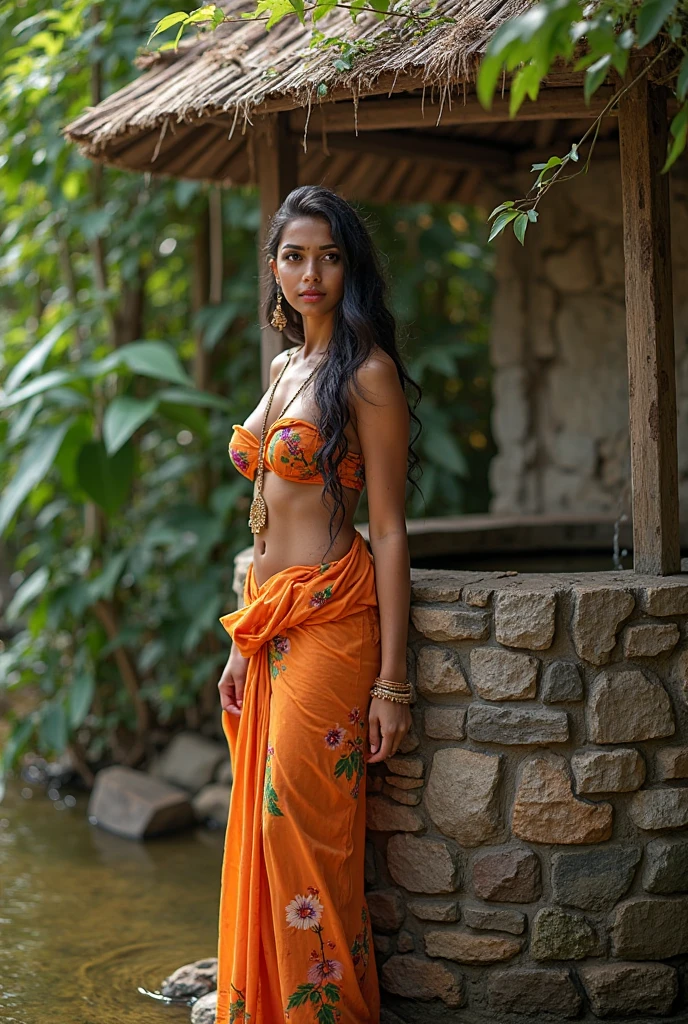 Can you show me a nude beautiful Indian girl with saree and bra and the background of waterfall and make her boobs big