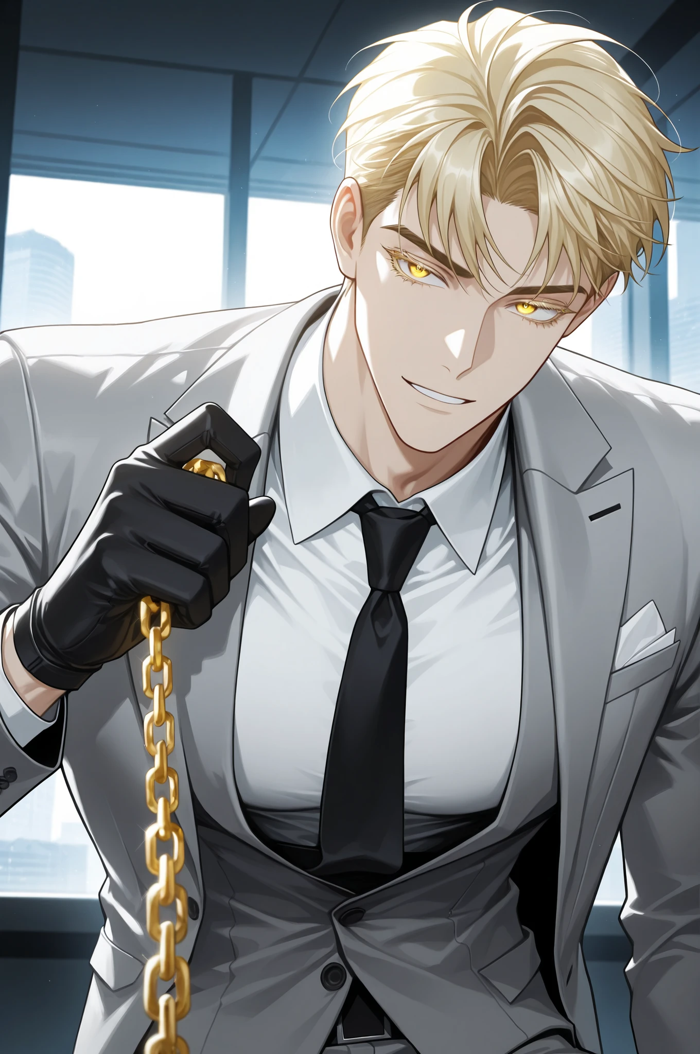Sung Hyunjae, ash-blonde hair, expressive yellow eyes, blonde eyelashes, The S-Classes That I Raised, solo, a sexy man holding a golden chain, handsome, sensual, gray suit, black necktie, white shirt, black gloves, (absurdres, highres, ultra detailed, HDR) master piece, best quality