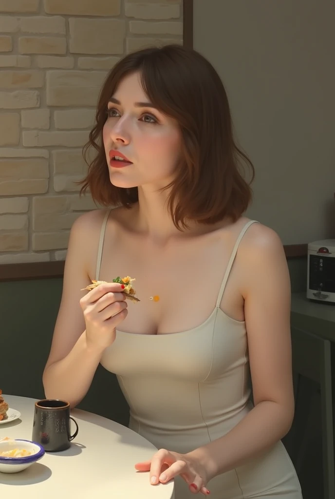 Christina Hendricks, (Christina Hendricks:1.5), masterpiece quality, (masterpiece quality:1.3), detailed, realistic, (realistic:1.3), 1girl, solo, (solo:1.9), alone, at a buffet restaurant, food in background, Thanksgiving day feast, food on shelves in background, food on table in background, wearing choker collar, wearing black bra, (black bra:1.5), wearing black panties, (black panties:1.5), small breasts, (small breasts:1.5), thin body, 
