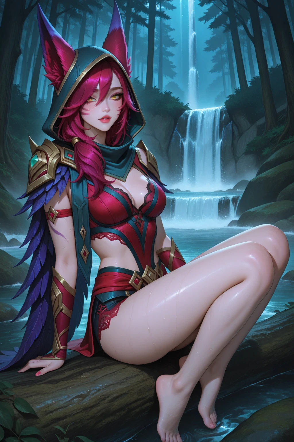 Grass, sky, Field, League of Legends, 1 girl, animal ears, bandage legs, long legs, bandage, bandage, bird legs, bird skull, layer, Shut up, ears through headdress, eyes visible through hair, facial marks, feathers, hood, hooded layer, wide, yellow eyes, Red hair, armor, blue chal, chal, chal, chal, chal wide, hooded chal, red dress, dress, nose ring, nostrils