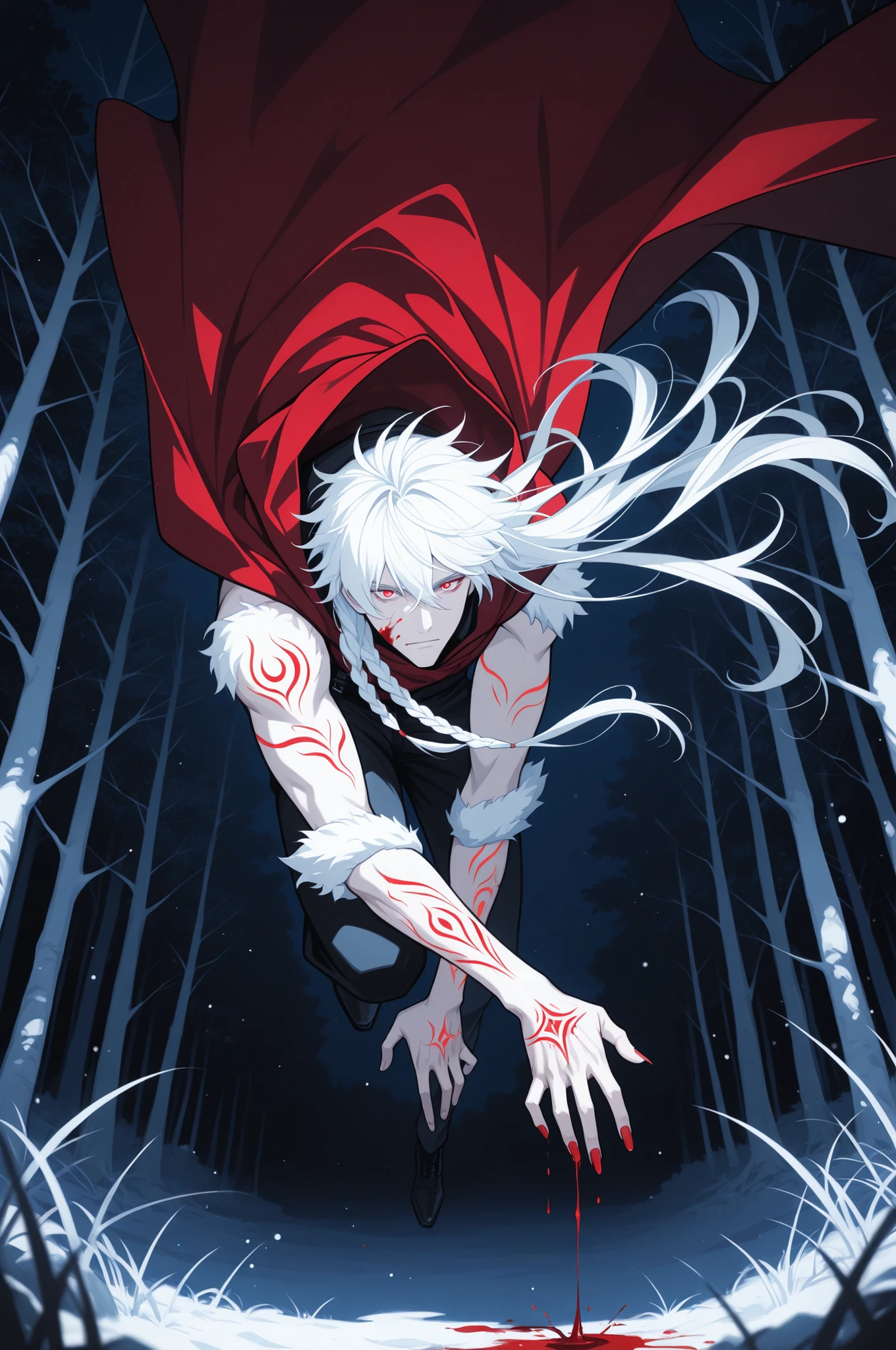 Solo, 1boy, adult male, choppy bangs, long hair, braided hair, white hair, asymmetrical_hair, voluminous hair, vibrant color, flat color, disheveled, red hooded cape, fur trim, white glow body mark, blood, long nails, blood splatter, blood on cheeks, wild, night, black background, forest, ((white trees)), bokeh, (masterpiece, best quality, absurdres, highres), very aesthetic, (((dynamic_pose))), digital art style, drawn aesthetic, digital art style, drawn aesthetic, concept painting,