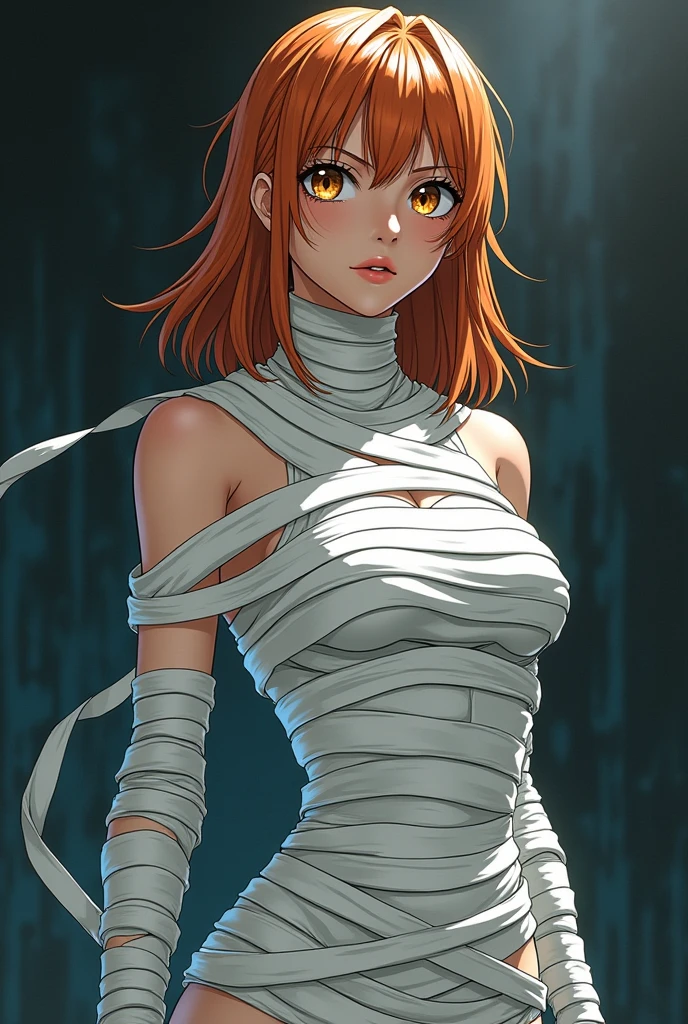 Monochrome manga-style illustration, female character fully covered in intricate bandages, stark contrasts highlighting various textures, vivid red hair cascading around her face, cascading, shoulder-length, framing her features, sad eyes staring directly outwards, brimming with melancholic emotions, front view perspective, showcasing complete clothed body wrapped delicately in layers of gauze, emphasizing the vulnerability of her posture, sharp lines defining contours and edges, deep shadows creating dimension and depth, emotional atmosphere resonating with isolation and introspection, bandages meticulously detailed, alternating between crisp whites and muted grays, suggesting fragility and strength interwoven, stark background elevating the subject, monochrome palette enhancing the dramatic effect of the character's expression, capturing the essence of traditional manga artistry, dynamic inking style contributing to the overall intense feeling of the piece, capturing the raw, unfiltered emotions of the character, evoking a strong sense of empathy in viewers, detailed expressions evident in eyes conveying profound sadness, executed in a style reminiscent of classic manga narratives, focusing on dramatic contrasts, intricate linework, and emotional depth.