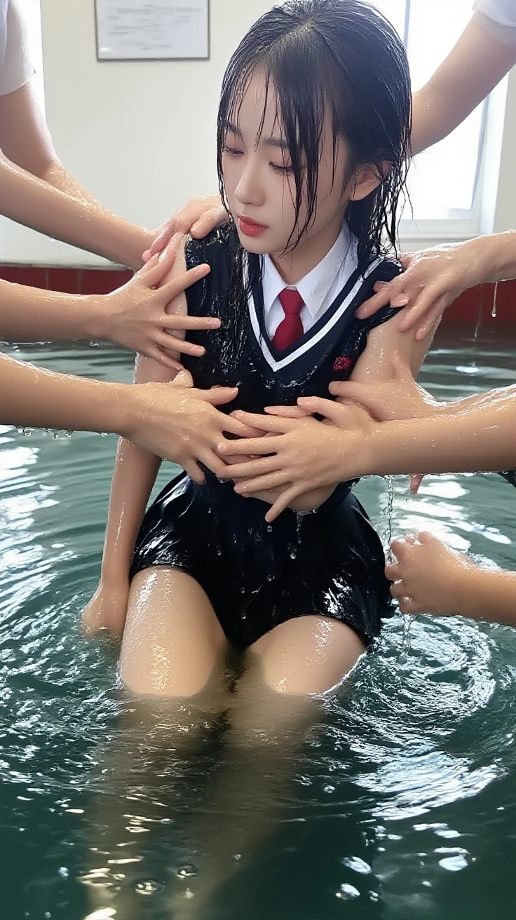 extremely quality photograph, Sharp focus, Spectacular realism, Realistic, sauce_photograph, Proper placement, evaluation_Explicit,32K,(photograph realistic:1.3),(Many Hands:1.2),whole body, View your viewers, Break 1 Female, short hair, Arms raised and armpits, Sailor school uniform, ((Flat Chest)), Many Hands, Many Hands caress a woman's body, Large amounts of adhere to the body. ((Soaking wet)), Woman being fondled by Many Hands, Shiny wet background, (((groped by many disembodied hands、Grabbed))), Orgasm Expression, whole body,(((Grab your arm, caress the face, Massage, Explore, Grab, Grab your chest, touch))),  (Oily wet skin;1.3), ((Soaking wet)), 20-year-old, cute Japanese, (Flat Chest:1.3),  (Sailor school uniform:1.1), Very good, No pants, (squat), (Spread your legs),  (Skinny body), Black Hair, Beautiful white skin, Small Mouth, Realistic skin texture, sexy, Browsing Caution, (Navy blue pleated skirt:1.2)