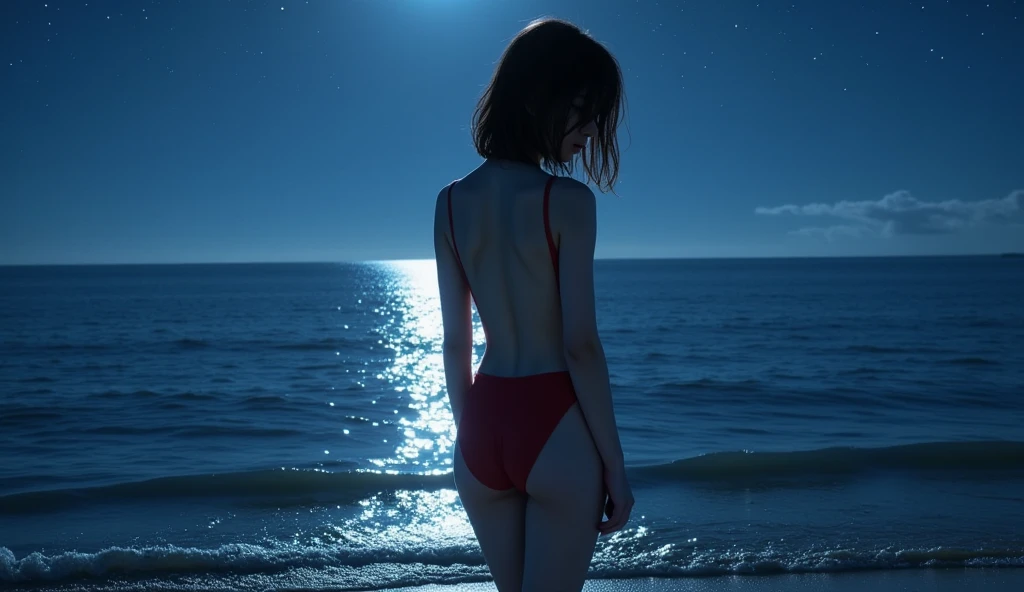 8K, masterpiece, RAW Photos, Highest quality, Realistic, Very detailed, Depth of written boundary, Cinematic Light, Anatomically correct body,
An elegant and beautiful mature woman,
Black bob cut short hair, Very beautiful face, Exquisitely detailed face, Glamorous Body,
Transparent white skin, Very detailed肌の質感, Beautiful and bountiful breasts, Sexy ass, Sexy thighs,
White bikini swimsuit, Detailed cloth texture, Gorgeous necklace, Gorgeous earrings,
Starry sky background, Dark sandy beach at night, Pitch black sea surface,
Beautiful back view,