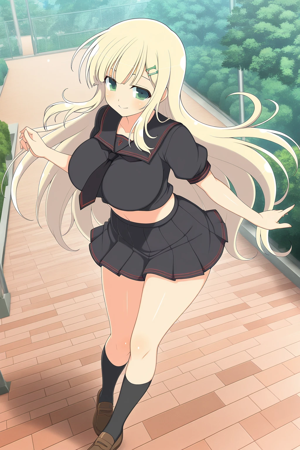 girl，Young，、（masterpiece，Highest quality），Street，Completely naked，Bare shoulders、Gal、Blonde、smile、passionate、long hair、(Underboob)，Big Breasts，Cleavage，(stomach)，Black mini tube top、looking at the camera、barefoot、A very short black miniskirt，(Ultra Micro Mini Pleated Skirt)，Strong winds、No underwear、The skirt is blown up by the wind、solo、Are standing、barefoot，In the subway、City、Embarrassing