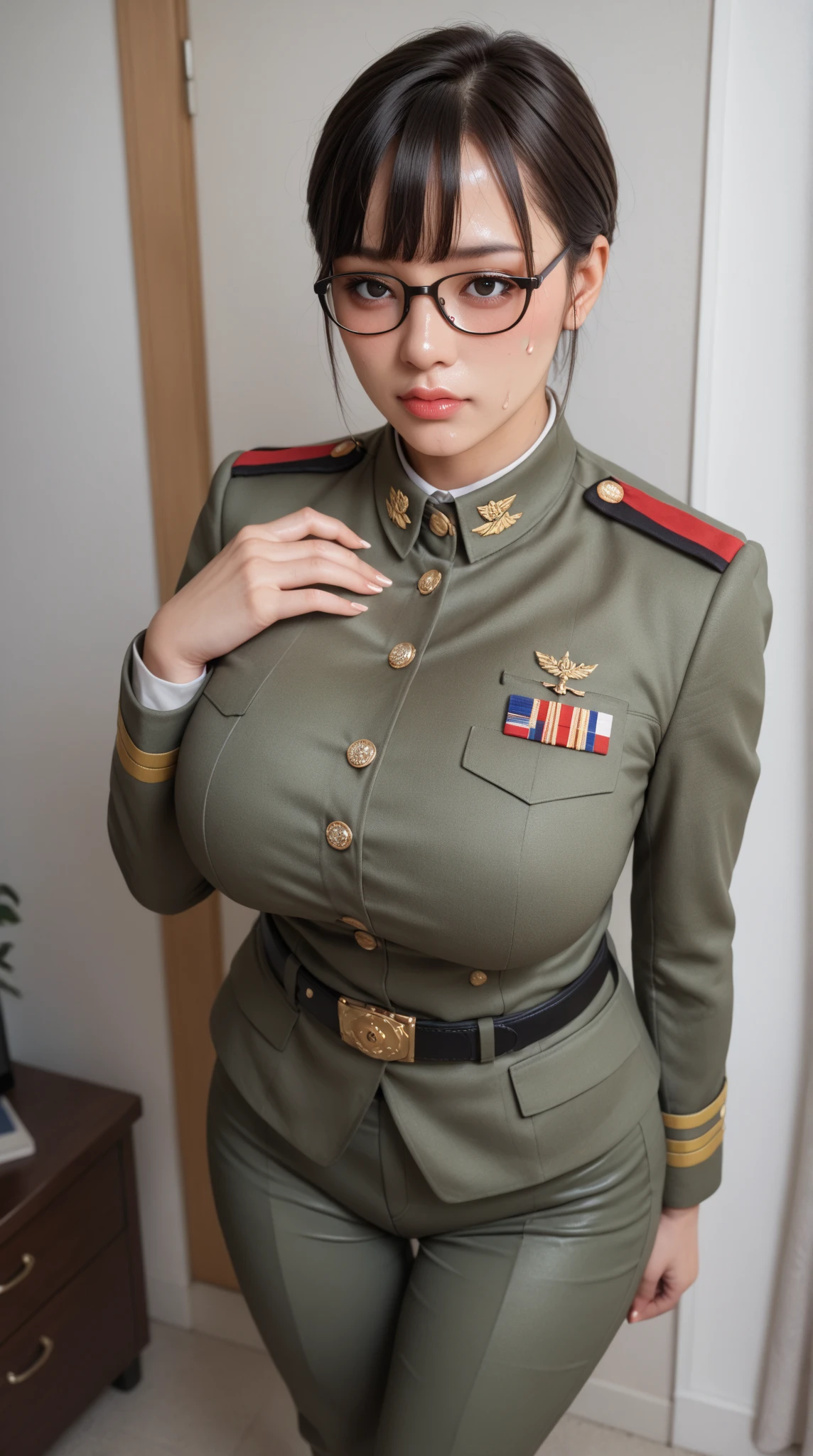 RAW photography,Shooting from the front,(high-level image quality,hightquality,hight resolution,masterpiece,highly detaileds),(Photo quality:1.5),((drawing one mature woman,1 mature woman:1.5)),anatomically correct,full body,Married woman,日本人のMarried woman,40 year old mature woman,extremely beautiful face,miss japan,intelligent look,beautiful row of teeth,beautiful fingers,beautiful breasts,big breasts,thighs,Chubby body type,Outstanding proportions,Looking at Viewer,(cosplay,military uniform,sexy military uniform,Air Force uniform),(standing tall:1.5),facing forward,Air force airfield,no text