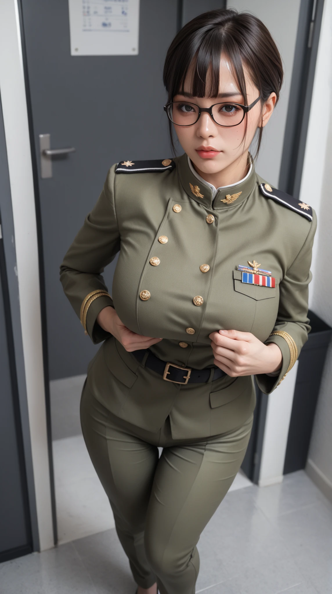 Usually detailed CG Unity 8K wallpaper，（tmasterpiece），（Best quality at best），（ultra - detailed），（ultra real photo），（best character detail：1.36），Nikon D750F / 1.4 55mm，RAW photos，profesional lighting， physically-based renderingt, 1 plump girl, girl soldier，(Dark green military uniform，Business suit，Fabric texture military uniform, perfect military composure)，(black necktie)，((white panty,))，bare-legged，Plump thighs,(military hat)，((Large wavy curls,curly hair, hair behind ear, (bob cut)):1.2)，the golden ratio,[:(Have a delicate face:1.2):0.2]:，PureErosFace_V1，Dark thick eyebrows,(gigantic breasts:1.55),(gigantic ass),(Plump thighs:1.45),(Wide crotch:1.55),((Place your finger to your breast):1.4)，Close-up shot，((Smile full of confidence， shy):1.35)，(((Close-up of panties),(Close-up of chest,closeup of face),Front view))，(Sunset sky，gentlesunlight，sunshine on face，(light shining on face)，blue-sky，Sunny smile，light glow)，white teeth，(looking at me)，(((thicc, bbwchan, thick thight, Wide hips, Buttocks swell crazily,🐎🍑,(Spread your legs widely:1.2),attractive pose,sexy pose,there  a woman in uniform sitting on the ground with her legs crossed, bare thighs, bare legs, seductive smile, film grain, cinematic lighting) )，azur lane style),spread legs,((Red flags fluttering)),black eyes，glowing skin，snow white skin，(Very close shot),(strong woman),Shot from the side