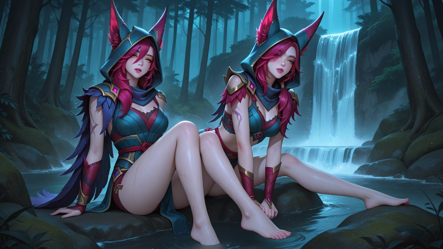 Image of French-German woman hugging in forest, League of Legends concept art, female forest hand, Splash ink art, tyler edlin fantasy art, Riot Games Concept Art, league of legends art, League of Legends character art, League of Legends Flash Painting, epic video game art, league of legends Splash ink art, fantasy game art