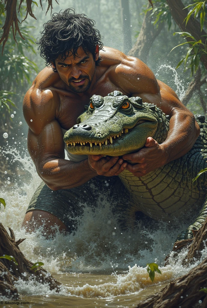 A fat black man rides a fat crocodile in the rainforest.