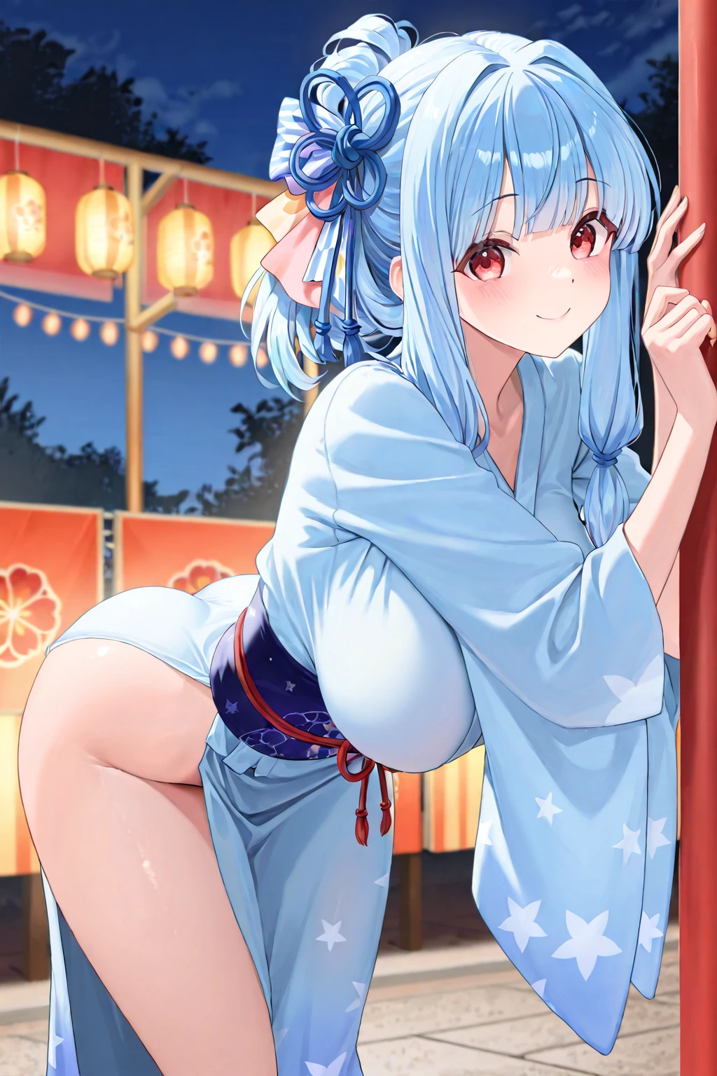 (masterpiece)、(highest quality)、((Super detailed))、(super delicate)、pastel colored hair、Beautiful side breasts、beautiful back、Beautiful butt、yukata、Hot spring at night、fantastic starry sky