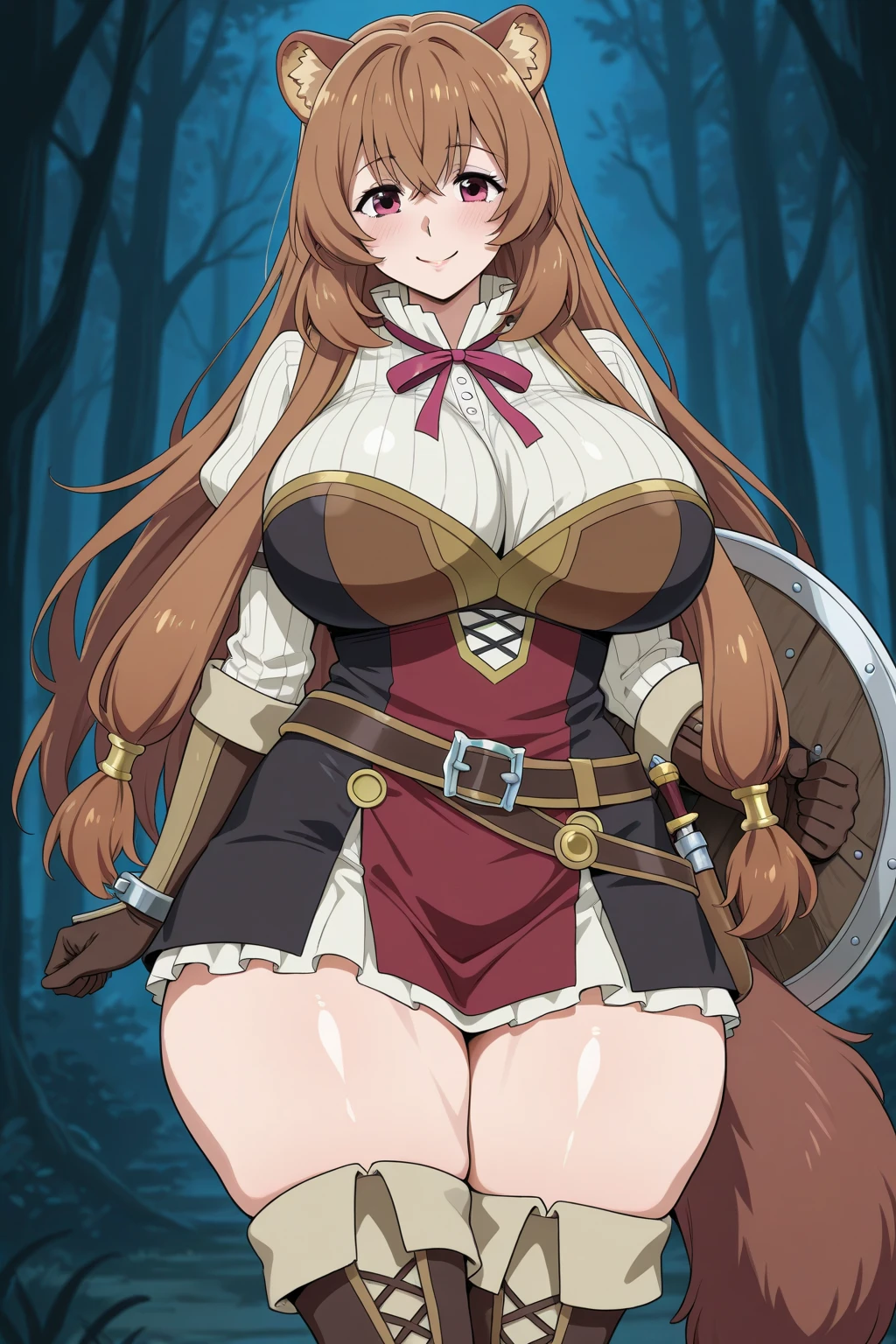 (best quality,4k,8k,highres,masterpiece:1.2),ultra-detailed,(realistic,photorealistic,photo-realistic:1.37), Vampire Hunter Naru Narusegawa, long light brown hair, brown eyes, big bouncing breasts (about a D-cup):1.1, wearing leather jacket, skirt, boots, and a white t-shirt, Ken Akamatsu art style, dynamic pose, intense expression, hunting crossbow, vampire fangs hidden under her lips, dark and mysterious forest background, moonlit night atmosphere, dramatic lighting, vibrant colors, vibrant red color tone, detailed forest foliage, blurred background, casting long shadows, intense action scene, fast-paced movement, wind blowing through her hair, confident and determined gaze, adrenaline-filled tension, cinematic composition, perspective from a low angle, adding depth and impact to the scene, dynamic lines and shapes, attention to facial features and emotions, dramatic shadows and highlights, detailed and textured clothing, realistic leather texture, shiny leather material, intricate costume designs, attention to anatomical proportions, exaggerated but balanced body proportions, attention to detail in facial features, including eyebrows, eyelashes, and hairstyles.