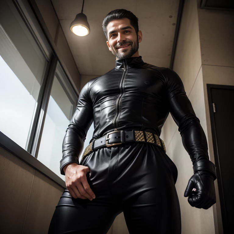 A handsome young Latino man, 28 years old, shirtless, military haircut, black hair, brown eyes, intense look, affiliated features, height 1.80, weight 50 kilos, aesthetic build, dressed in blue lycra pants, black riding boots, full body, bondage style, BDSM, is suffering a strangulation, directly with a rope, on the neck, performed by another man, in an apartment