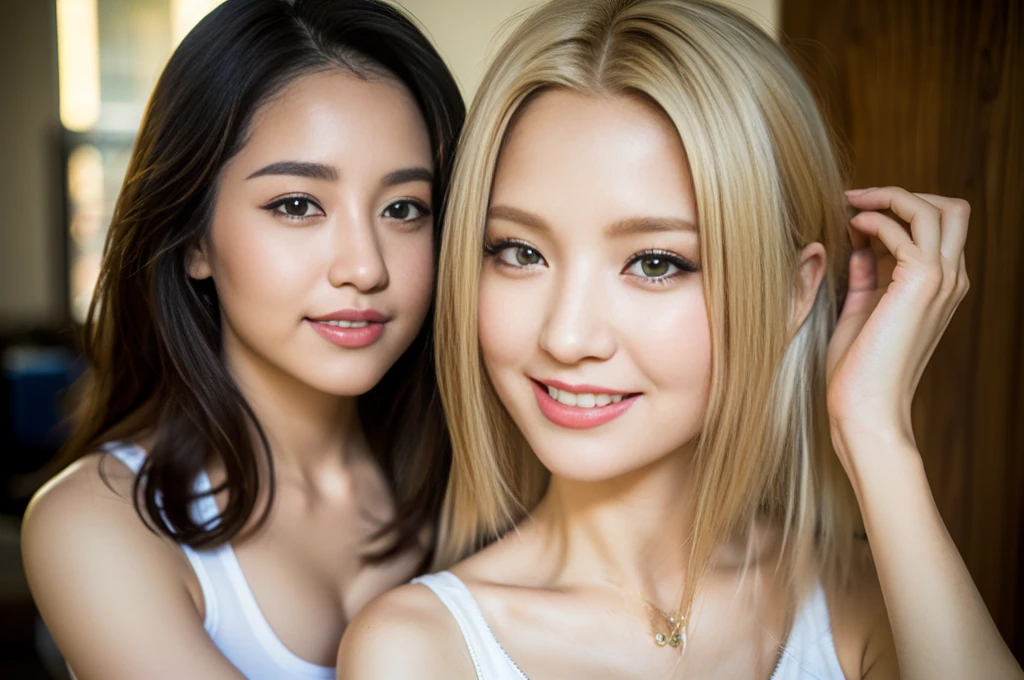 young beautiful Thai woman, blond hair, bodybuilder physique, parachute, happy, taking selfie, close up, half body, masterpiece, best quality, ultra-detailed, solo, cherful,