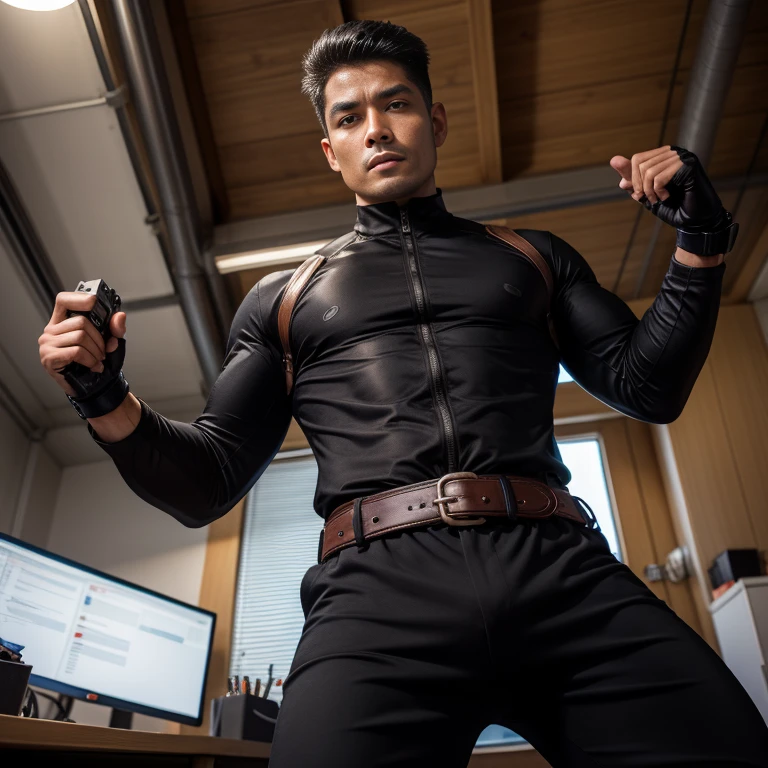 40 years old, One Man,、 black bodysuit 、Shocker Belt、 black gloves 、 carrying a pistol on his waist、office、地面に legs open 、　logic, , black hair、short hair。 とてもshort hair 、  handsome fighter 　Asian man with well-groomed face　 legs open 、view from below。 Upper Body Lift　Black  pants　