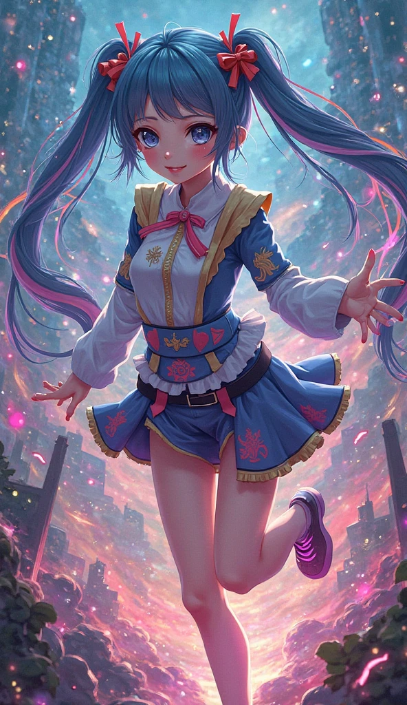 (((Panty shot)))、mini skirt、(((Rainbow Magical Girl Costume))、Beauty、Purple Hair Ponytail、((whole body))、(((photo taken from below)))、night sky