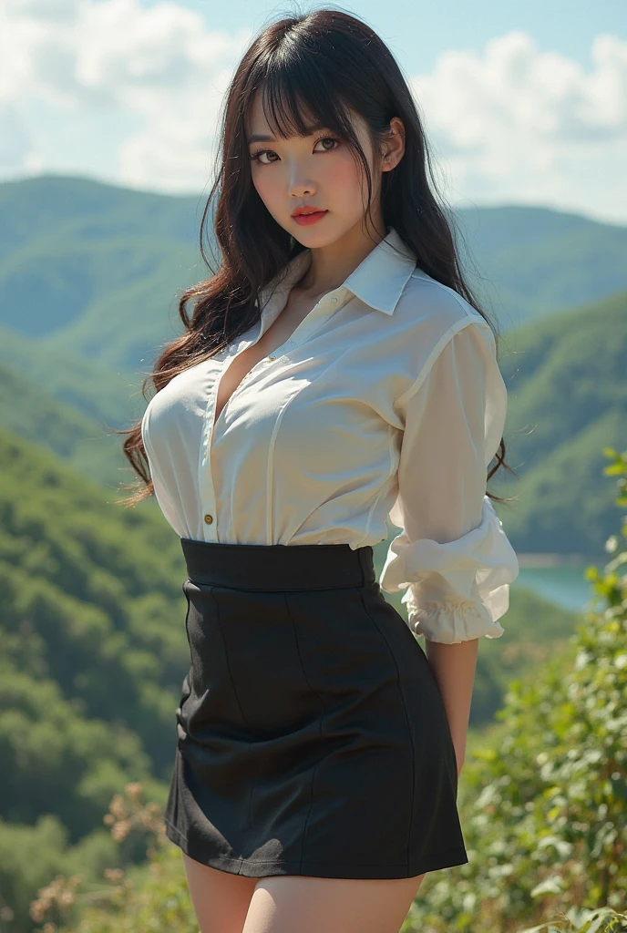 A sexy korean girl huge  black hairs,weared black cleavage shirt and jeans, outside korean house, deatiled 
