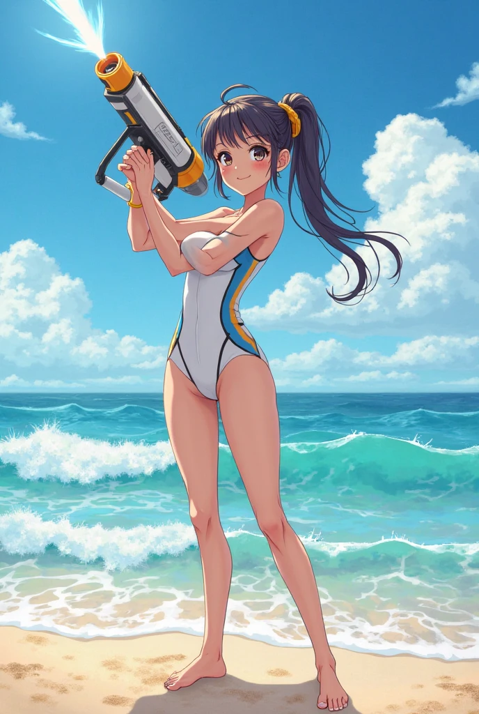 Highest quality,High resolution,１People Girl,beautiful girl,whole body,look up,looking at the camera,Big eyes,Crying face,Tears,Stringy saliva,Open your mouth wide,Sticking out tongue,Flush saliva,Overflowing with saliva,ponytail,Black Hair,Big rainbow eyes,Pool,Swimwear,競泳Swimwear,セパレートSwimwear,ワンピースSwimwear,A whistle hanging from his neck,Standing posture,