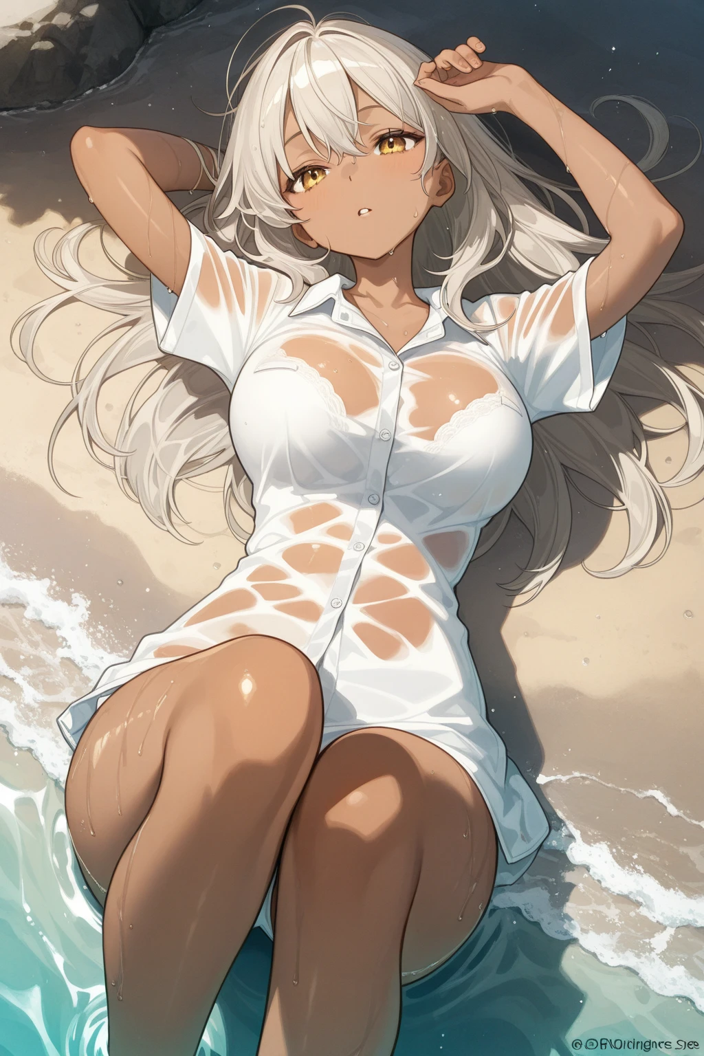 32k, best quality, ultra high res, HDR, UHD, extremely detailed CG, unity 32k wallpaper, very cute, 16-year-old girl, 1 person, Purple eyes, ((White competitive swimsuit)), Beach, White long hair, (large breasts), (Laugh shyly), ((Lie down on a picnic sheet)), ((Spread your legs wide)),