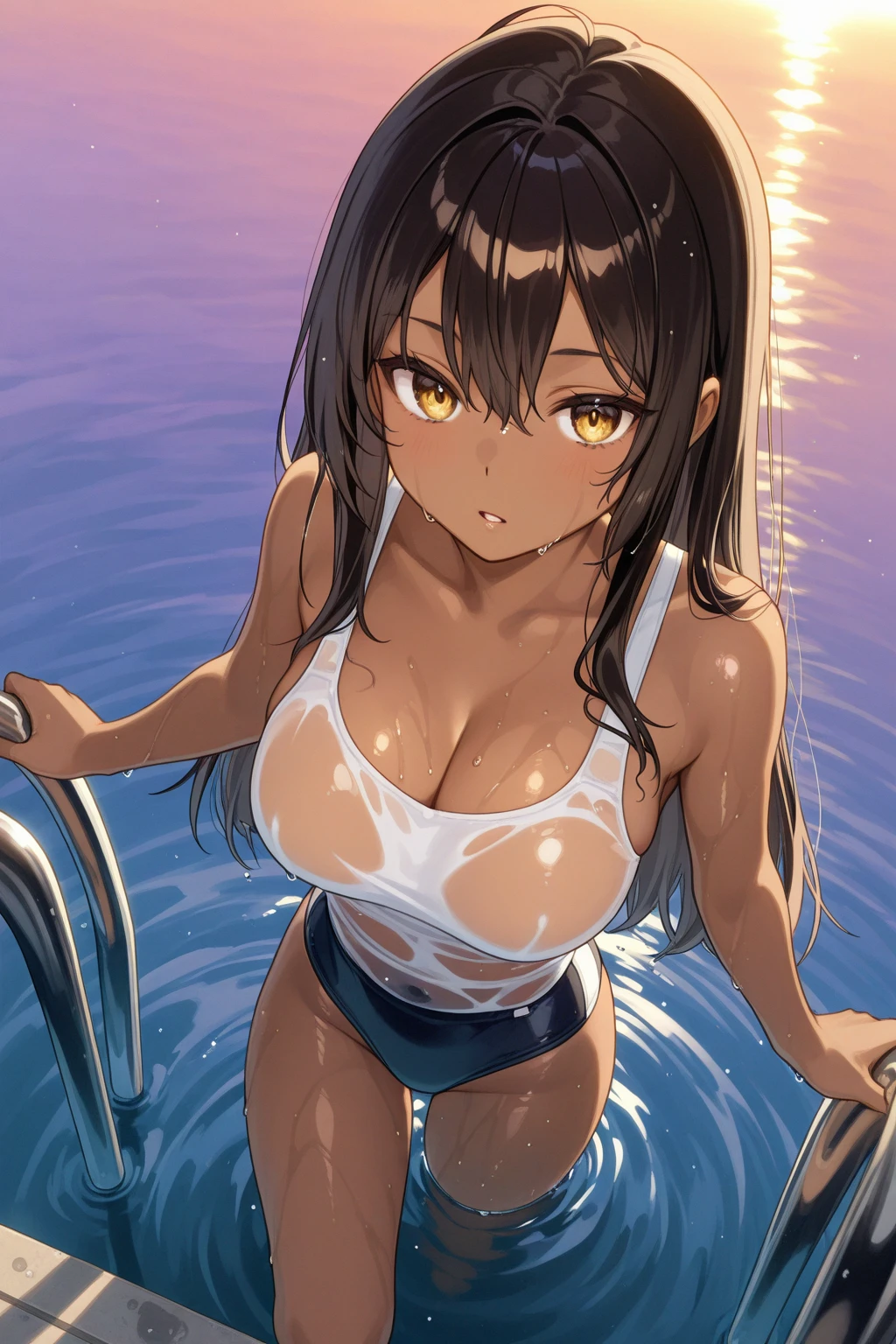 (SLE, mksks style, detailed background:1.1), (alone:1.3), mature, female, ((black skin)), fancy 이집트 드레스, long hair, black hair, beautiful hair, eye 위의 머리카락, yellow_eye, voluptuous body, happy,((wet clothes)),sweat, Warmth, Expose only the breasts, head tilt,whole body, volumetric lighting, (outdoor:1.3), egyptian house, fancy,Spread your legs, panties exposed((I can see inside your panties))