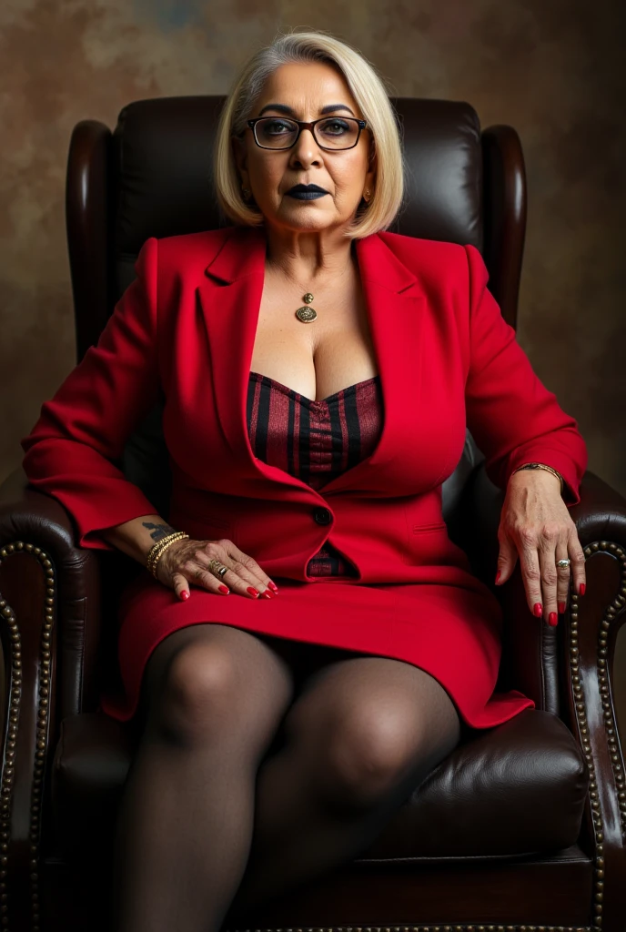 elderly 60yo woman on the table in a class room, dressed as a latex nun ,white and red latex bikiny, horny smile,huge breast, full nude figure, tattooed on the chest, muscle figure, red octane render, candle lamp lighting, baroque, european, mandala, side view from below, anatomically correct, big full breasts, busty, horny, spread legs wide, muscle body, super detailed.