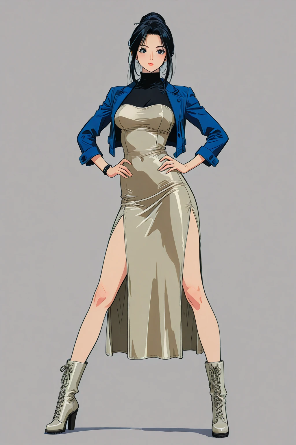 Masterpiece, manga master work, great anime, a beautiful underworld woman, gangster movie female BOSS, wearing a red silk shirt, black tight skirt standing under the empty night stars, full body standing, tall figure, slender legs, facial details, detailed body part details, side full body, 8k wallpaper