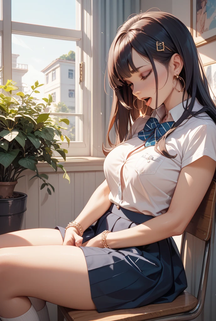 (full figure:1.1), (1 girl as yukino yukinoshita:1.5), highres, solo, big breasts, waist long black hair, (twintails:0.5), (pleated school miniskirt:1.5), (black knee socks:1.5), (loose red ribbon:1.2), (cotton skirt:1.5), (unbuttoned white shirt:1.4), (ahegao:1.5), green eyes, (rolling eyes:1.5), (torn clothes:1.5), (naked breasts:1.5), spread legs, (squatting:1.1), legs wide open, (drugged:1.5), breastapart