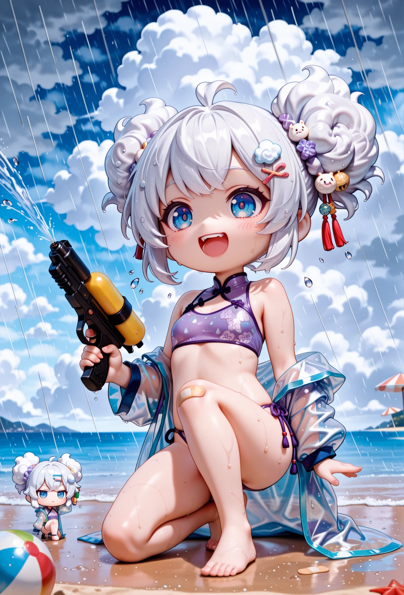 An anime girl in a bikini getting wet in the beach shower, Super fofo, Hiper detalhado, super quente, palete de cores quentes.