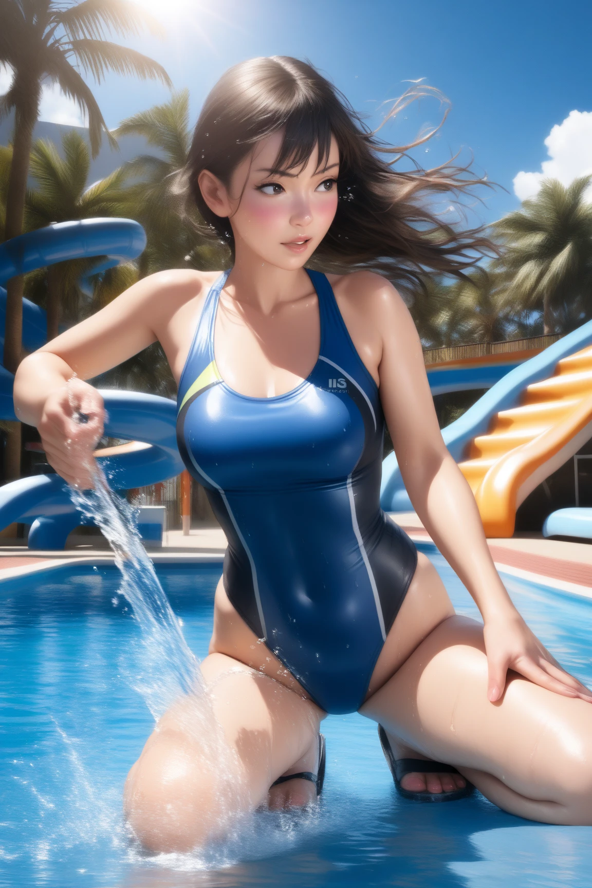 Highest quality, masterpiece, Ultra-high resolution, (Realistic:1.4), RAW Photos, Intricate details, Big beautiful eyes, Perfect contours, masterpiece, One Girl, Braided Bob, chest is medium size, Competitive swimmer, (one piece, turtleneck,Sleeveless swimsuit), Transparent and clear sapphire glass swimsuit, 　tight high leg swimsuit, ((back view:1.3, looking over shoulder:1.3, shoot from below:1.3)), Portraiture, View your viewers, Outdoor swimming pool, Partially submerged, Wet Skin, smile, (Underarm)