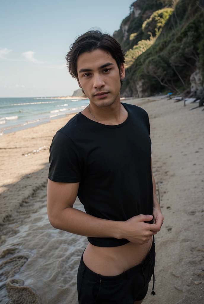 A handsome 20-year-old Asian man,Toned body,Sharply defined,Be well-exercised,Protruding muscle striae,Full muscles,Healthy complexion,Confident posture,On the beach,full bodyesbian,gentlesoftlighting,tmasterpiece,best qualtiy,8K UHD,digital DSLR camera,filmgrain,Fujifilm XT3 Realistic painting art,Written by Midjourney and Greg Rutkowski